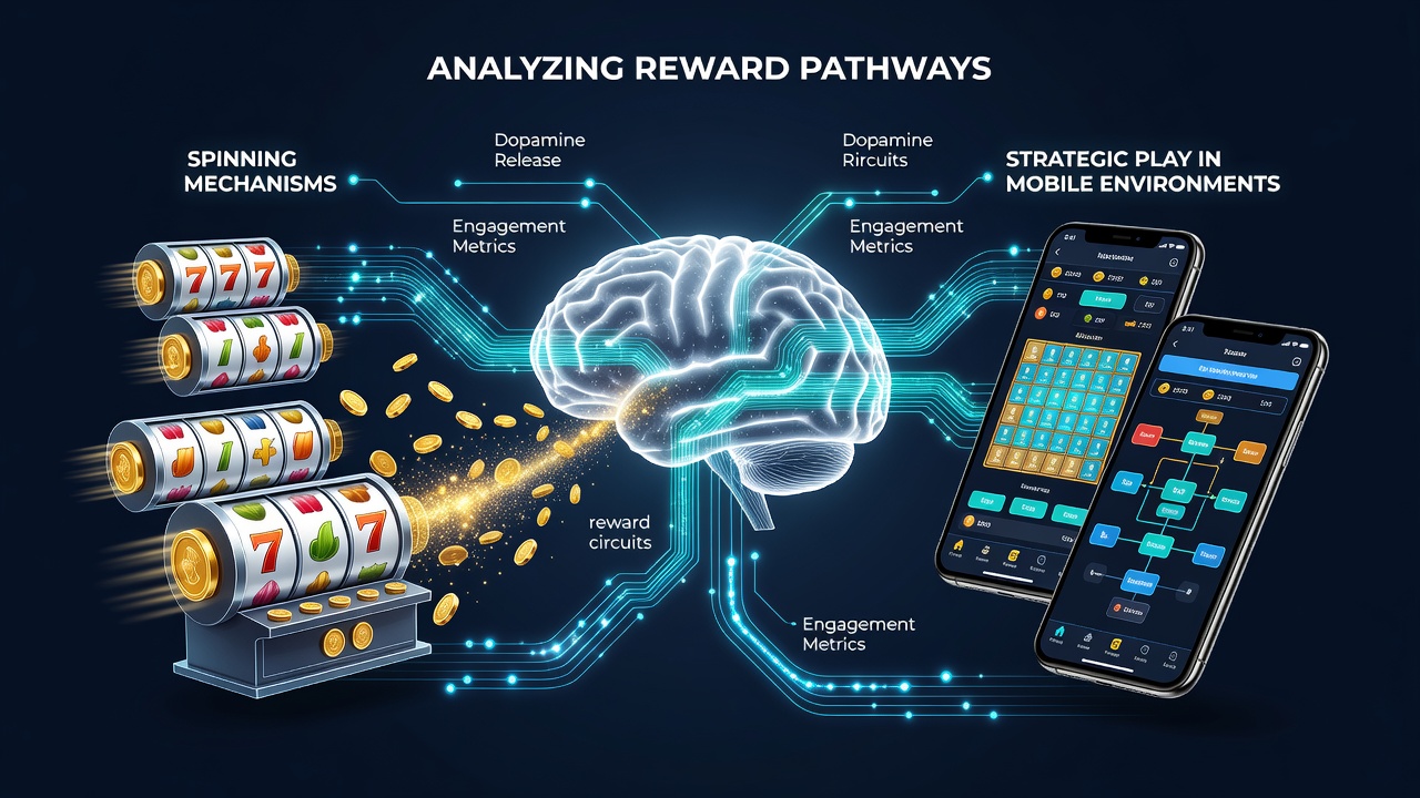Infographic illustrating mobile interface elements where spinning wheels feed into strategic decision panels during simultaneous user interactions