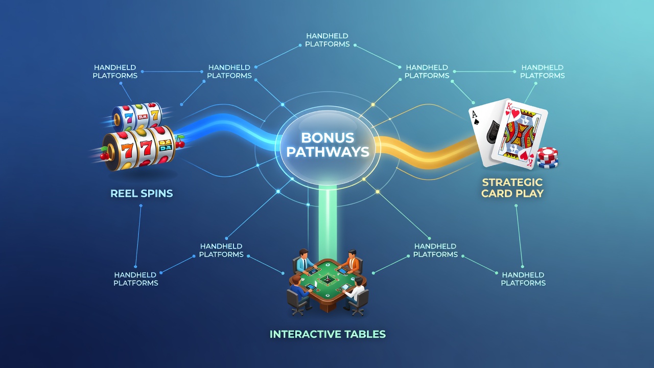 Mobile device displaying interconnected bonus features across slot reels poker hands and live dealer tables