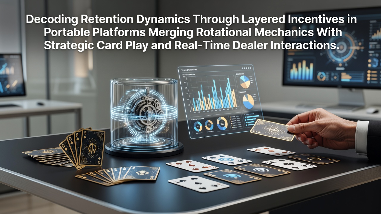 Mobile gaming interface showing layered incentive panels alongside spinning reels and live dealer card tables