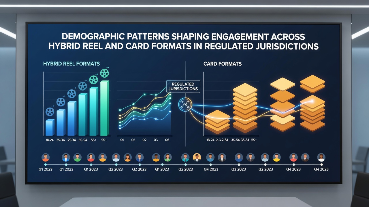 Infographic illustrating age group distribution and regional engagement rates for hybrid reel and card games in regulated markets
