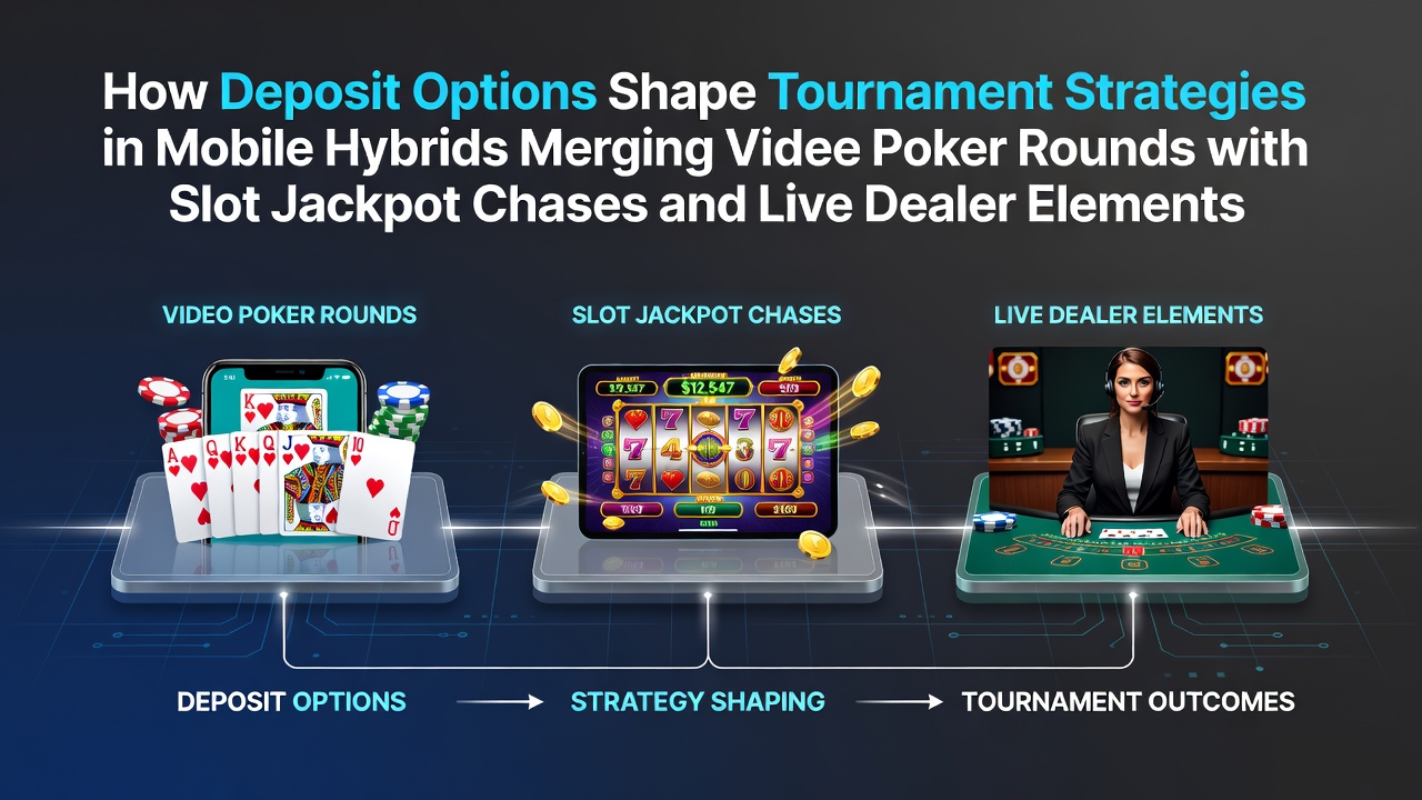 Mobile device displaying hybrid tournament interface with video poker cards, spinning reels, and live dealer table elements