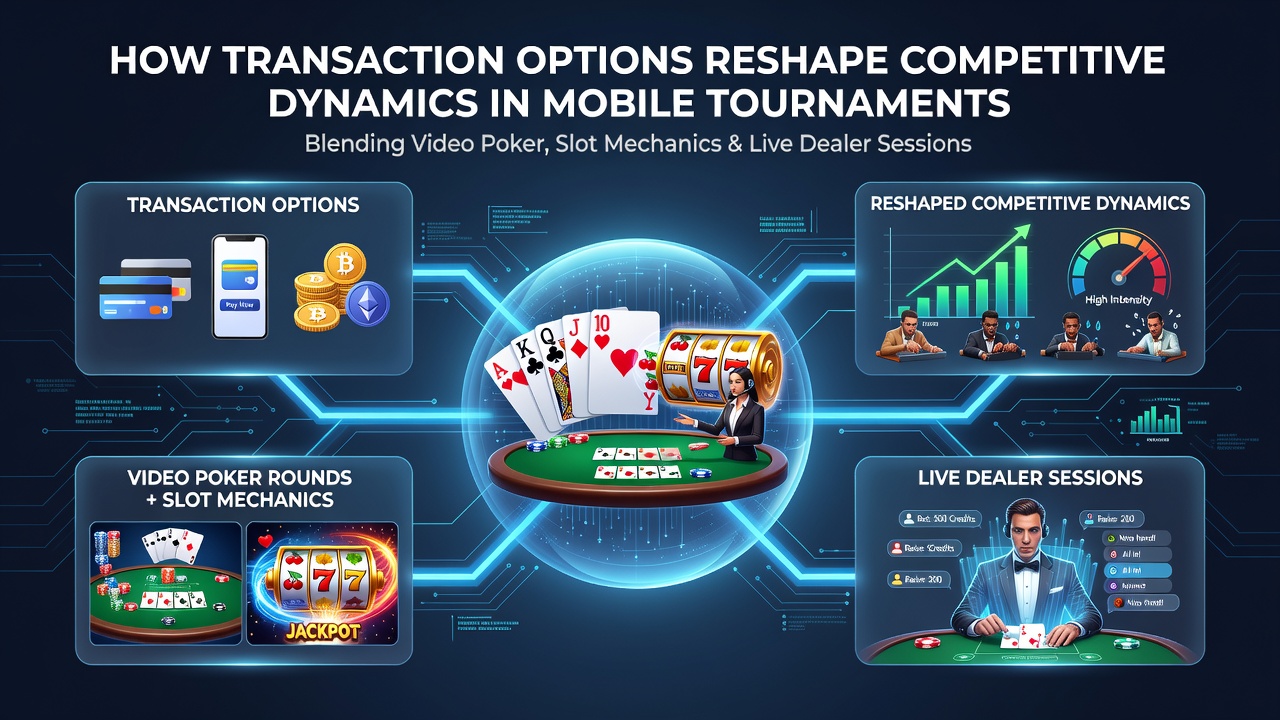 Mobile device displaying hybrid tournament interface with video poker, slots, and live dealer options alongside payment method selections