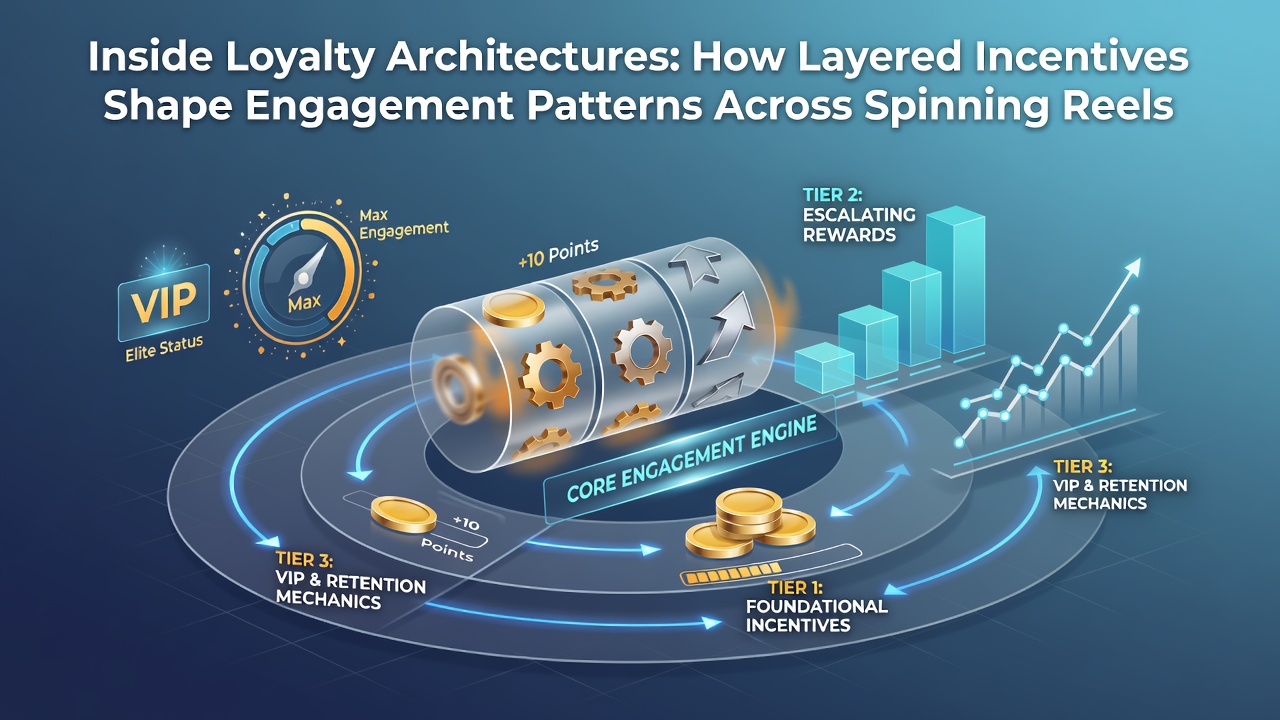 Illustration of player progression through loyalty tiers connecting slot reels with card tables and live dealer streams
