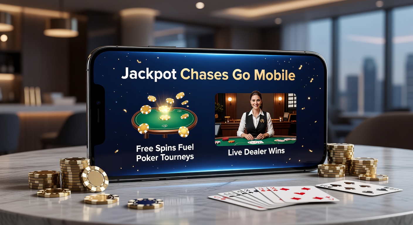 Dynamic split-screen view of a poker tournament leaderboard on mobile alongside free spins activating in a slot game, with live dealer blackjack table in the background