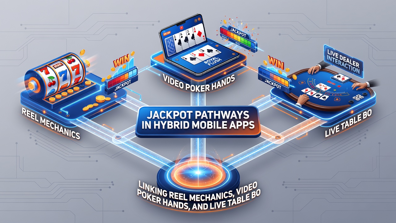 Diagram of tiered promotion layers connecting slot reels, video poker combinations, and live dealer bonuses in a mobile interface