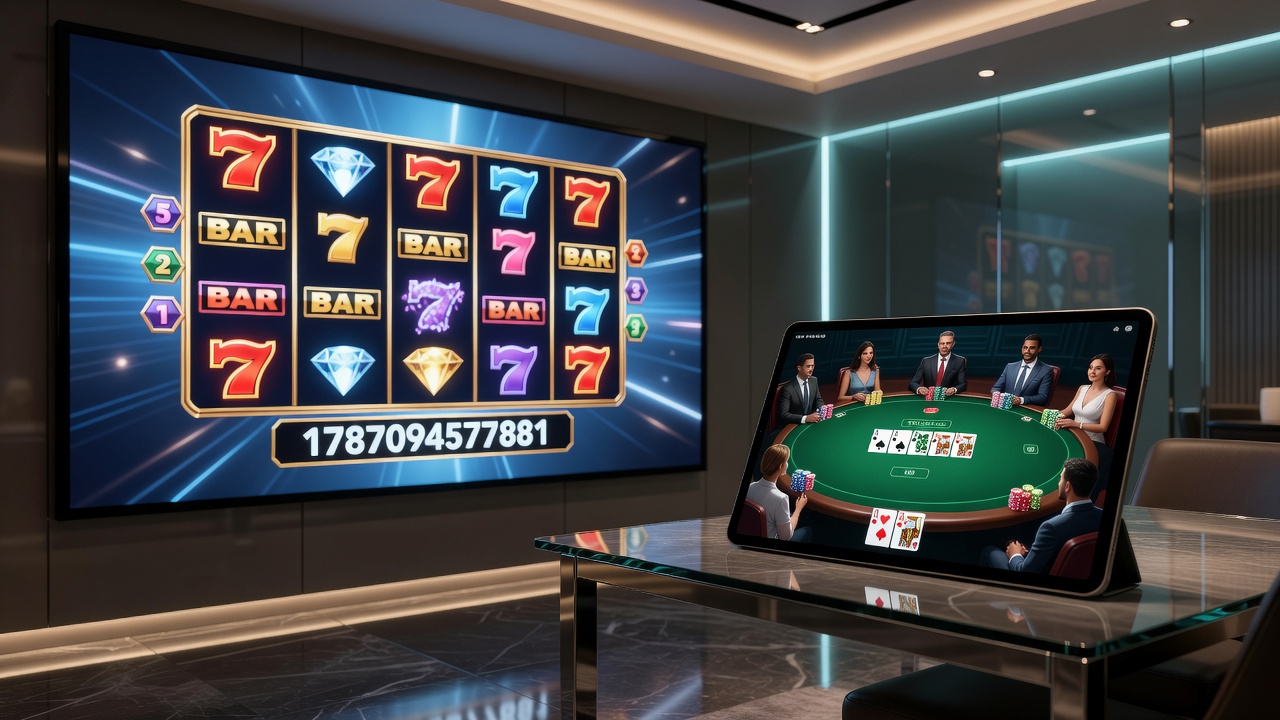 Mobile screen displaying combined slot and poker gameplay with live dealer overlay