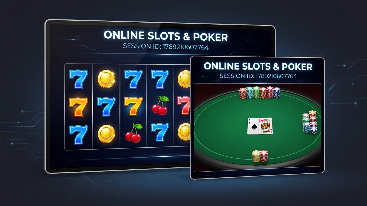 Mobile device displaying combined slots and poker gameplay options with live dealer integration