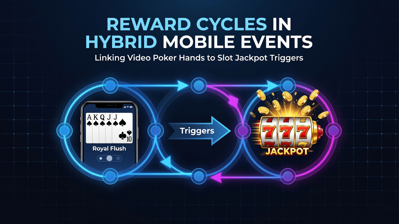 Diagram illustrating reward cycle connections between video poker hands and slot jackpot triggers in mobile hybrid events