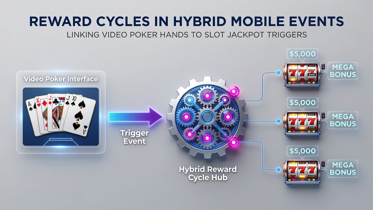 Mobile screen capture showing synchronized progress meters for poker hands and slot jackpot triggers